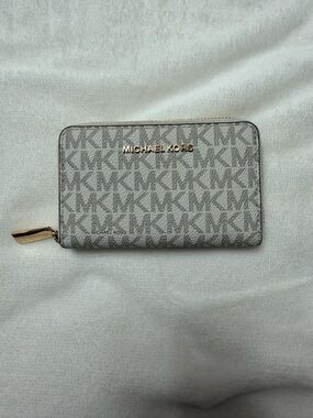 Michael Kors Light Gray MK Monogram Zip Wallet with Gold Hardware